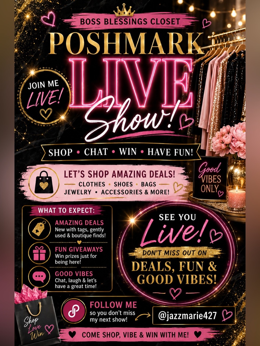 Poshmark Live Show! Event Flyer - Pink & Gold